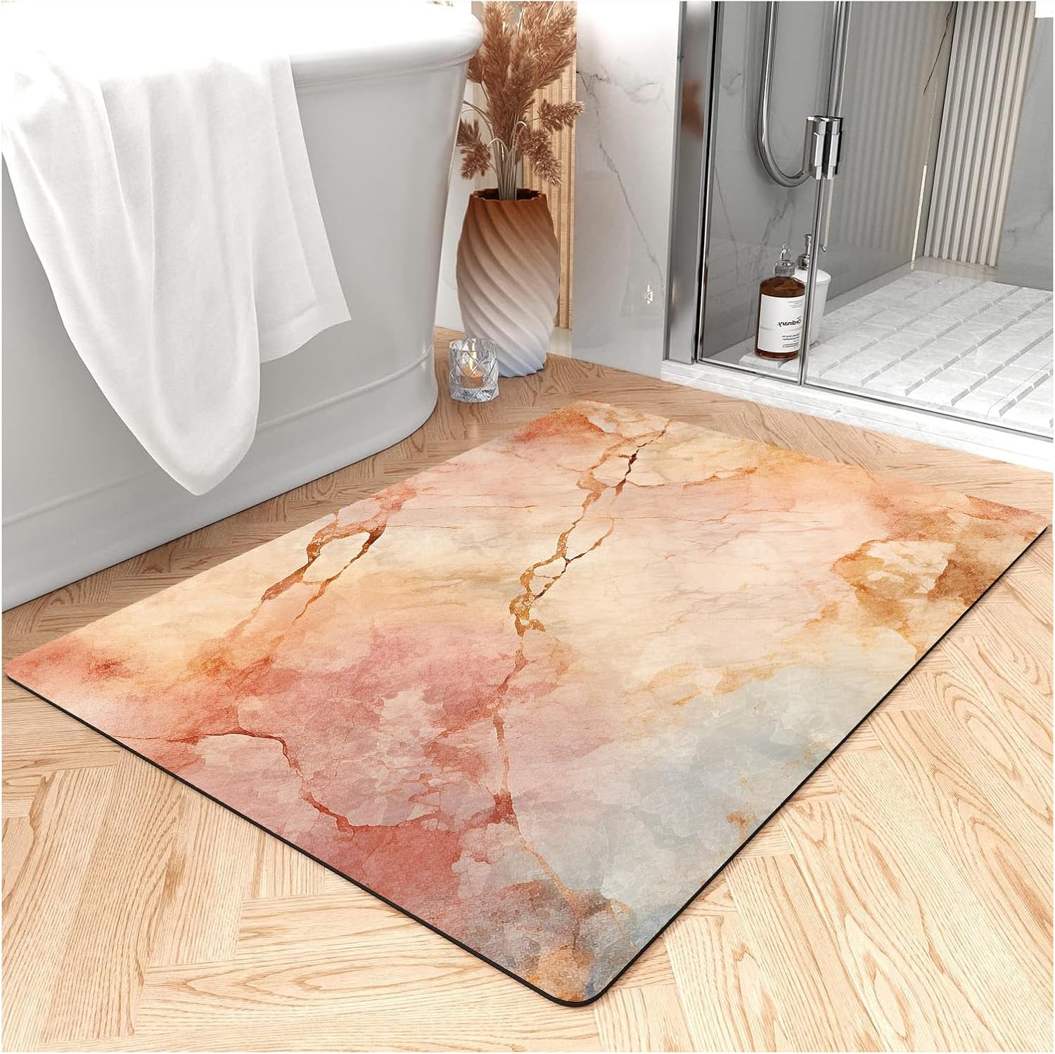 Thin Bath Mat, Diatomaceous Earth Shower Mat Non Slip Instantly Removes Water Drying Fast Bathroom Mat Modern Abstract Wave Marble Texture Easy to Clean (3x5ft/36x60in/90x150cm, Pink)