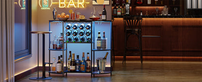 JKsmart Wine Bar Cabinet with LED Lights, Mini Wine Bar Cart with Storage and Glass Holder, Home Bar Coffee Bar for Liquor, 3-Tier Bar Table for Kitchen, Dining Room, Living Room, Black