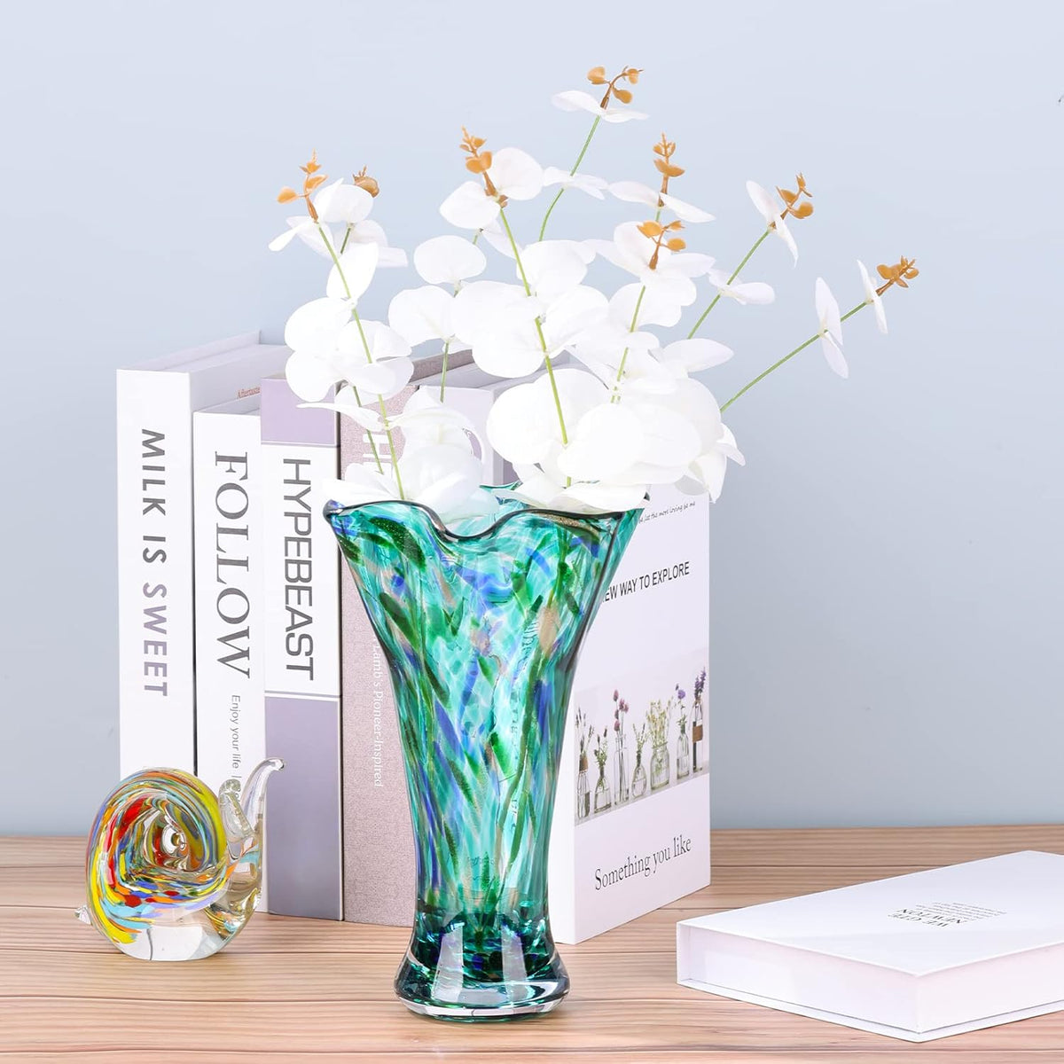 9.0" H Teal Glass Vases for Flowers, Unique Hand Blown Glass Vase Green Home Decor, Wide Mouth Colorful Flower Vase Centerpieces, for Living Room Table Bookshelf, Bathroom Office Shelf Decorative