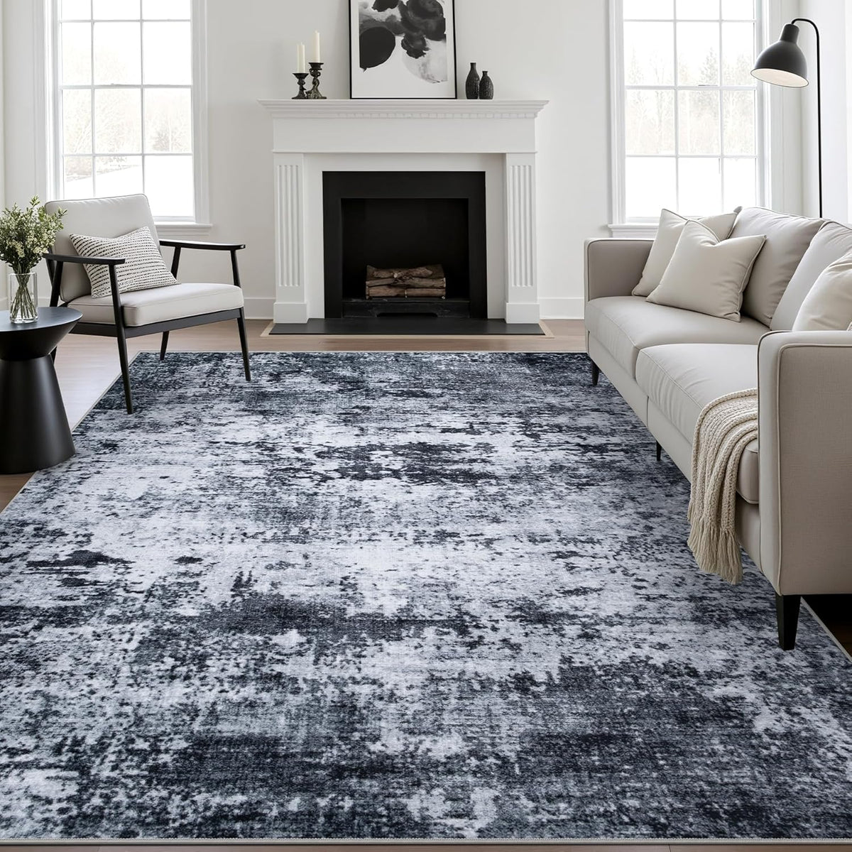 5x7 Area Rug Living Room Rug: Washable Modern Abstract Soft Thin Rug Indoor Floor No Slip Stain Resistant Carpet for Bedroom Dining Room Farmhouse Nursery Home Office - Black