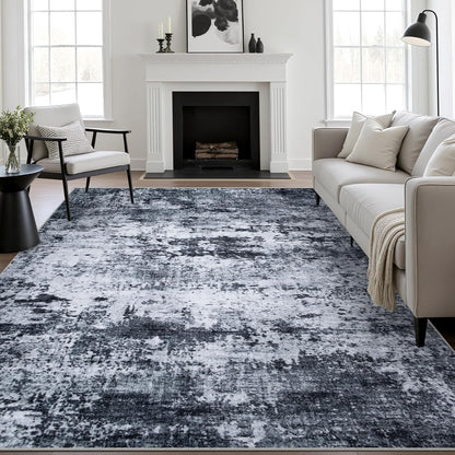 5x7 Area Rug Living Room Rug: Washable Modern Abstract Soft Thin Rug Indoor Floor No Slip Stain Resistant Carpet for Bedroom Dining Room Farmhouse Nursery Home Office - Black