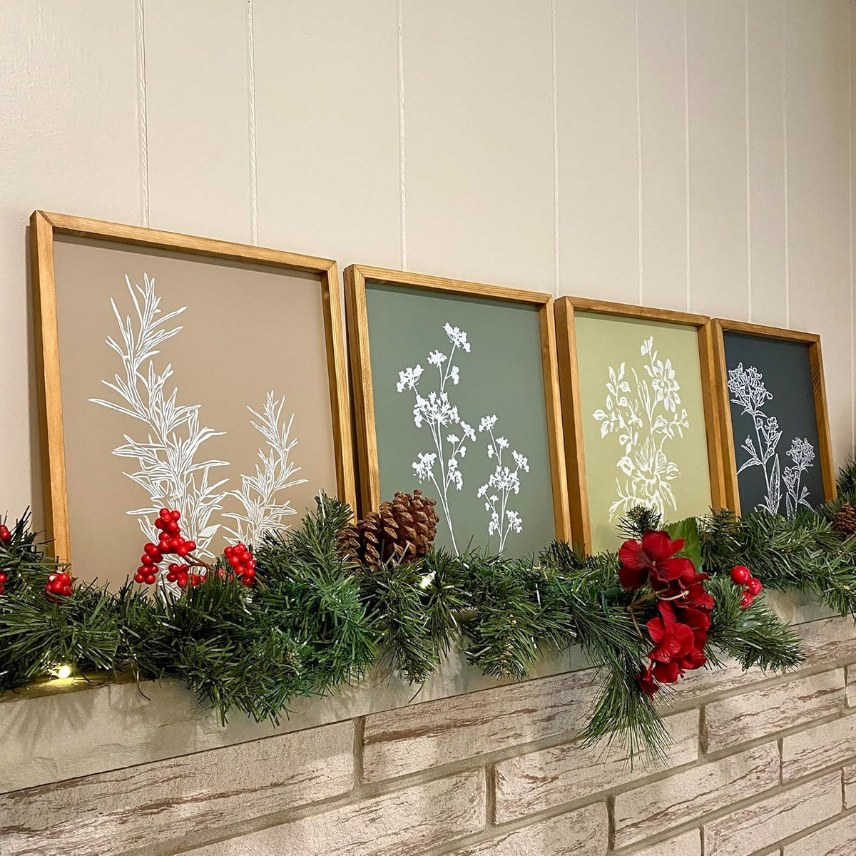 Framed Boho Wall Art Set of 4 for Wooded Minimalist Botanical Print Wall Art for Rustic Vintage Farmhouse Home Kitchen Wall Decor (Brown, 11x14)