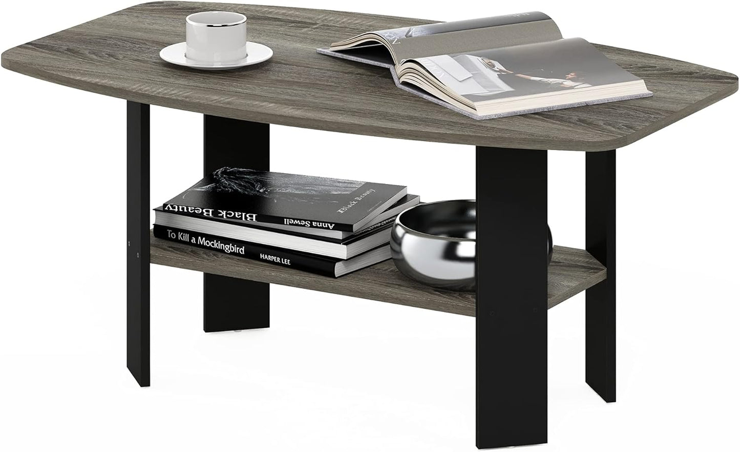 Furinno Basic Coffee Table, 2-Tier Modern Coffee Table with Open Shelf, Easy Assembly Side Table, for Living Room, Bedroom, Home Office, Amber Oak
