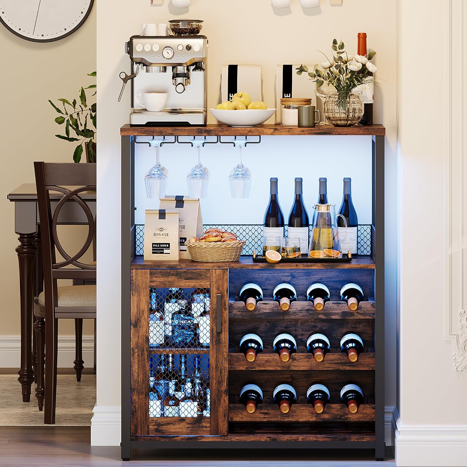 Wine Bar Rack Cabinet with LED Light, Adjustable Shelves Coffee Bar Cabinet with Mesh Door and Baffle Design, 36″ Tall Small Liquor Bar Cabinet for Home, Kitchen, Dinning Room, Rustic Brown