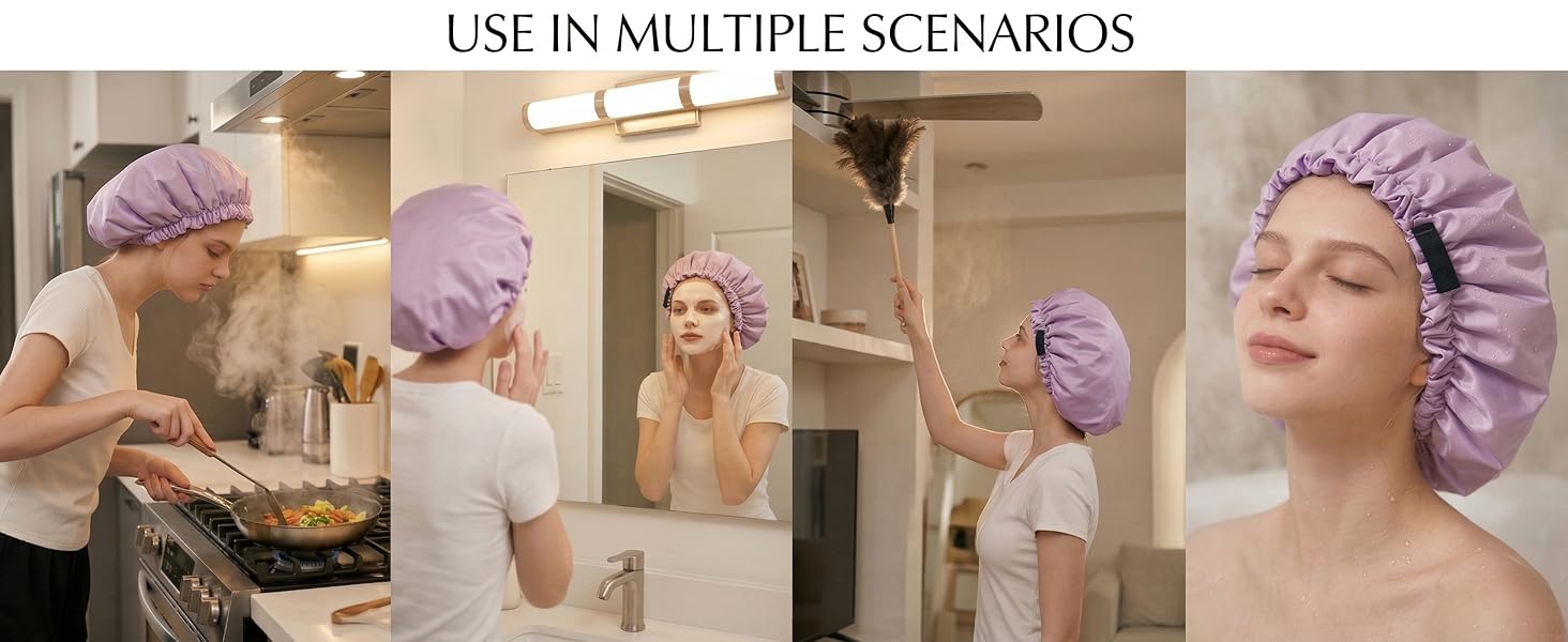 Shower Cap,Extra Adjustable Shower Caps for Women Double-Layer Waterproof Reusable Hair Cap, Large Size Hair Cap for All Hair,for Girls Spa Bath,Soft and Comfortable (Purple)