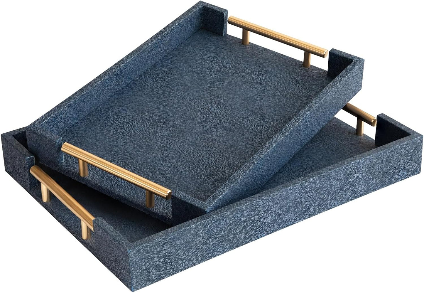 Modern Decorative Tray Set of 2 Ivory Shagreen Leather and Wood Serving Tray with Gold Polished Metal Handles for Ottoman, Coffee Table, Bathroom and More