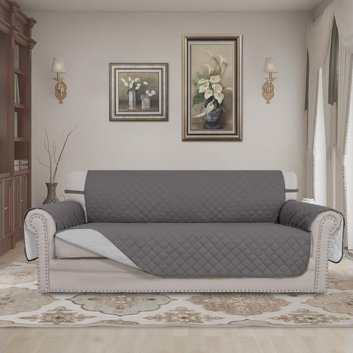 Easy-Going Reversible Couch Cover for 3 Cushion Couch Sofa Cover for Dogs Water Resistant Furniture Protector Cover with Foam Sticks Elastic Straps for Pet Cat (Sofa, Gray/Light Gray)