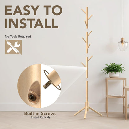 Wooden Tree Coat Rack Stand,Sturdy Freestanding Coat Rack with 8 Hooks,3 Adjustable Height for Child Adult,Wood Coat Stand Tree Fits Entryway Bedroom Office for Bags,Hats
