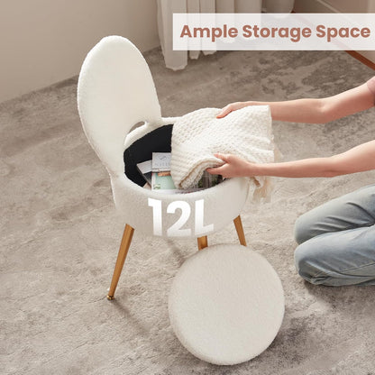 Small Vanity Stool Chair with Storage and Folding Back,4 Metal Legs with Anti-Slip Feet,Round Ottoman with Velvet Seat, Furry Padded Seat for Makeup, Bedroom (Black, Small)
