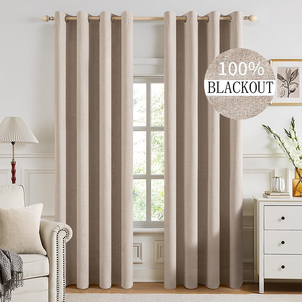 100% Blackout Linen Textured Curtains for Bedroom Solid Thermal Insulated Natural Beige Grommet Room Darkening Curtains & Drapes Luxury Decor for Living Room Nursery 52 x 84 Inch (2 Panels)