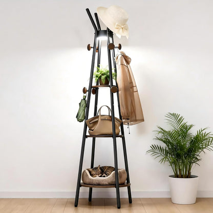 young master Coat Rack, Freestanding Coat Rack with 3 Shelves and 12 Hooks, Coat tree with Motion Sensor Light for Entryway, Livingroom, Hall Tree Free Standing for Coats, Scarves, Handbags, Black