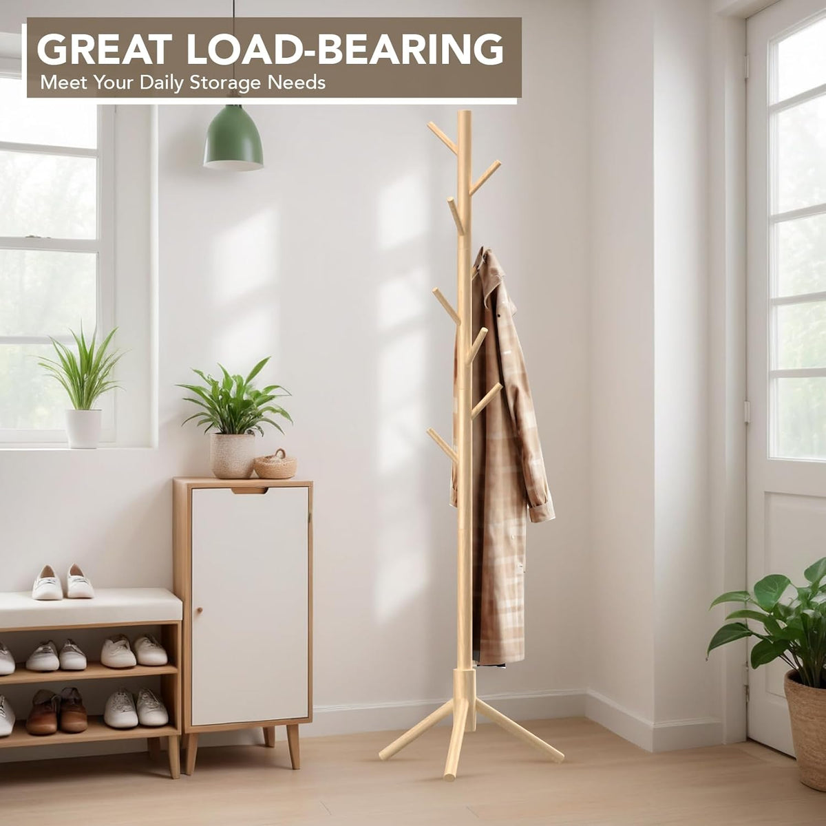 Wooden Tree Coat Rack Stand,Sturdy Freestanding Coat Rack with 8 Hooks,3 Adjustable Height for Child Adult,Wood Coat Stand Tree Fits Entryway Bedroom Office for Bags,Hats