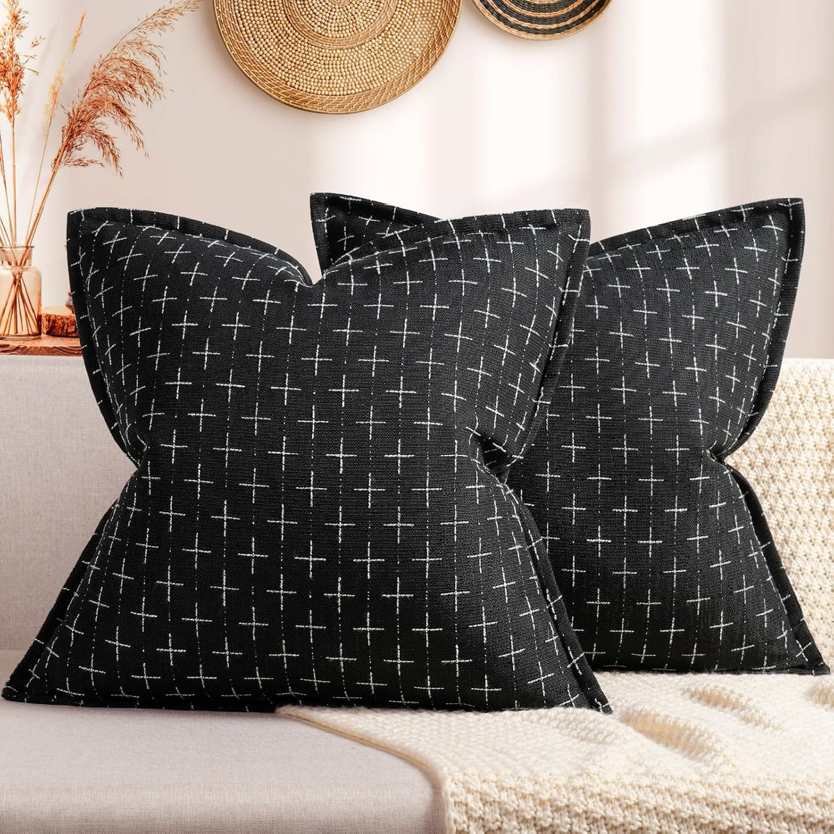 ZWJD Pillow Covers 18x18 Set of 2 Soft Polyester Textured Pillow Covers with Stylish Flange Edge Cozy Farmhouse Throw Pillows for Couch Bed Sofa Living Room