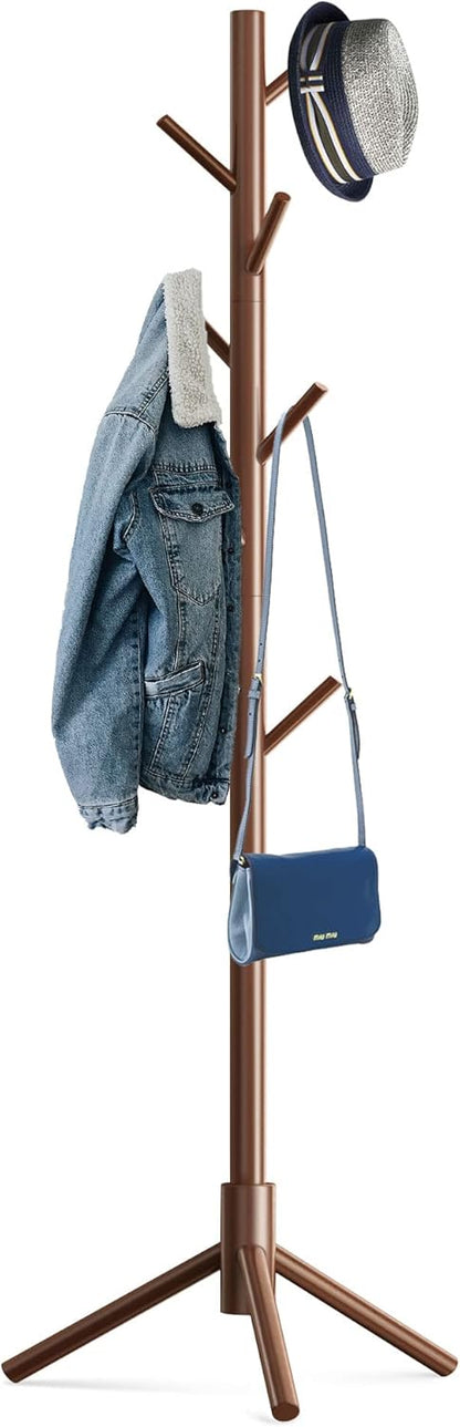 Wooden Tree Coat Rack Stand,Sturdy Freestanding Coat Rack with 8 Hooks,3 Adjustable Height for Child Adult,Wood Coat Stand Tree Fits Entryway Bedroom Office for Bags,Hats
