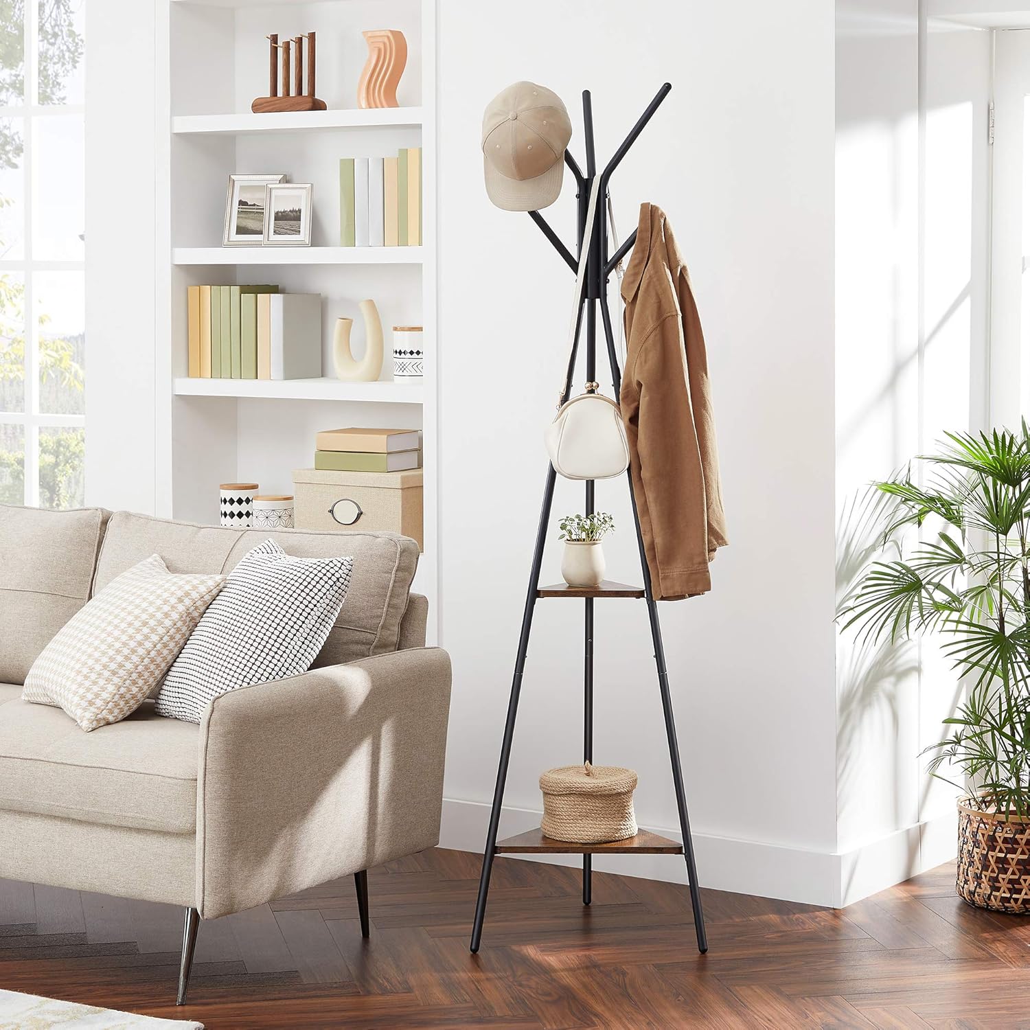 Coat Rack Freestanding, Coat Hanger Stand, Hall Tree with 2 Shelves, for Clothes, Hat, Bag, Industrial Style, Rustic Brown and Black URCR16BX