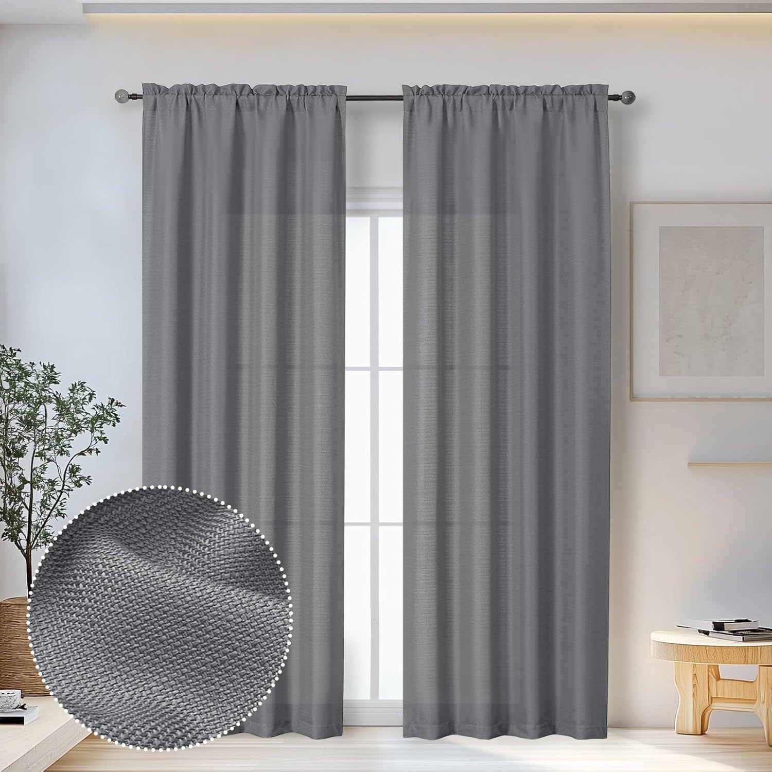 Black Curtains 63 Inch Length 2 Panels Set for Living Room Bedroom, Light Filtering Faux Linen Textured Soft Window Curtain, Airy Soft Rod Pocket cortinas para cuarto, 40Wx63L Inches, 2 Pcs