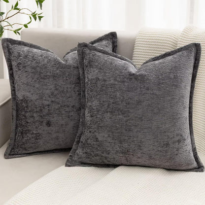 Grey Decorative Throw Pillow Covers 18x18 Inch Set of 2 Cozy Soild Chenille Cushion Cases Soft Textured Square Couch Pillows Cover Boho Accent Farmhouse Pillowcases for Sofa Bed