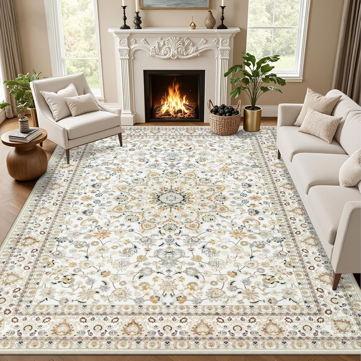 5x7 Area Rugs Living Room Rug: Washable Vintage Boho Rug No Slip Stain Resistant Soft Carpet Indoor Floor Floral Large Carpets for Bedroom Dining Room Farmhouse Nursery Hallway Home Office Beige