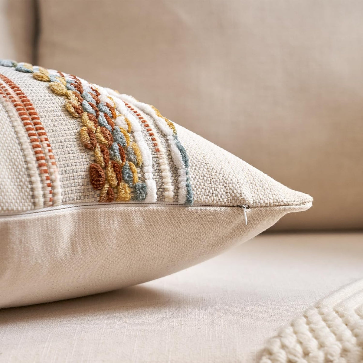 Aeckself Boho Throw Pillow Covers 18x18 Inch Set of 2, Farmhouse Decorative Striped Square Pillow Covers Chenille Tufted Pillow Cases Accent Neutral Pillowcase for Living Room Couch Bed, Orange White