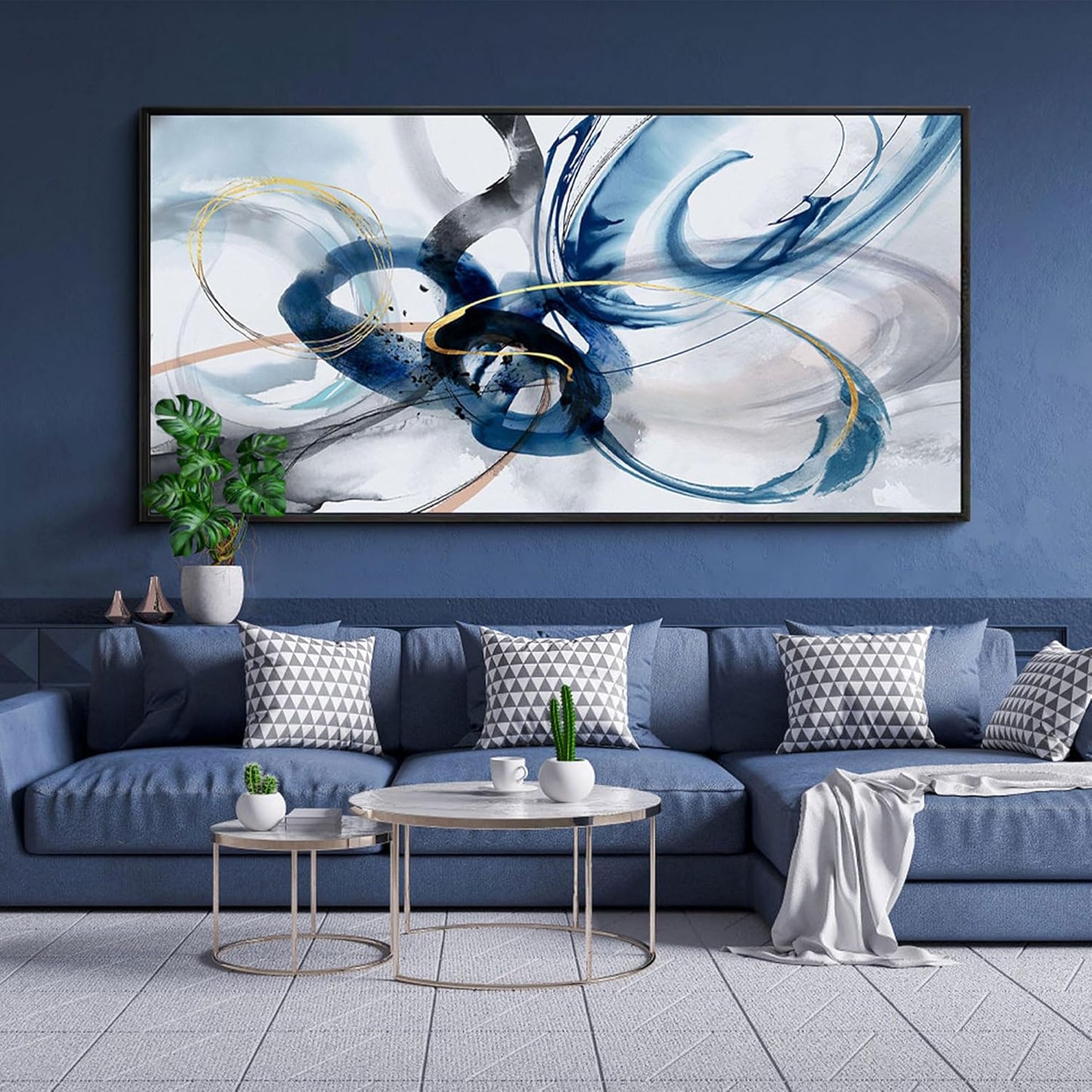Large Wall Art for Living Room - Abstract Wall Decor Framed Picture Artwork for Wall Decorative Paintings Blue and White Modern Office Bedroom Art