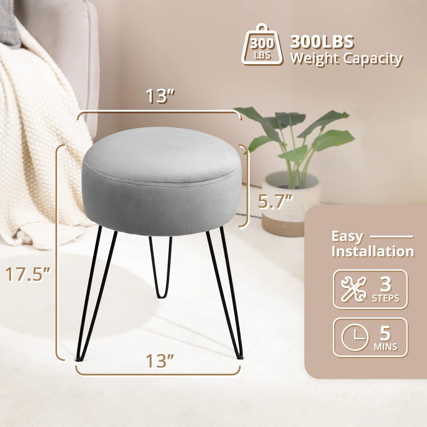 Vanity Stool, Gray Vanity Stools for Makeup Room, Round Ottoman Foot Stool, Velvet Footrest Vanity Chair for Bathroom Vanity, Bedroom, Living Room, Entryway, Offices, 300lbs